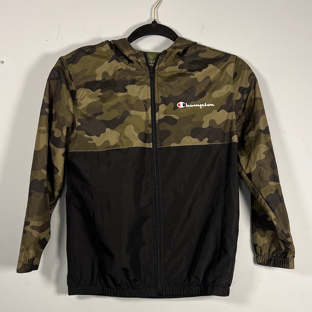 NWOT Champion Kids Black & Green Camo Full Zip Breathable Windbreaker Boys Small